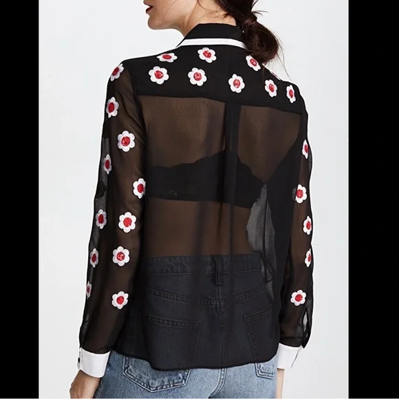 Alice + Olivia Willa Floral Embellished Scalloped Collar Placket Top Black Sz S - Picture 4 of 15
